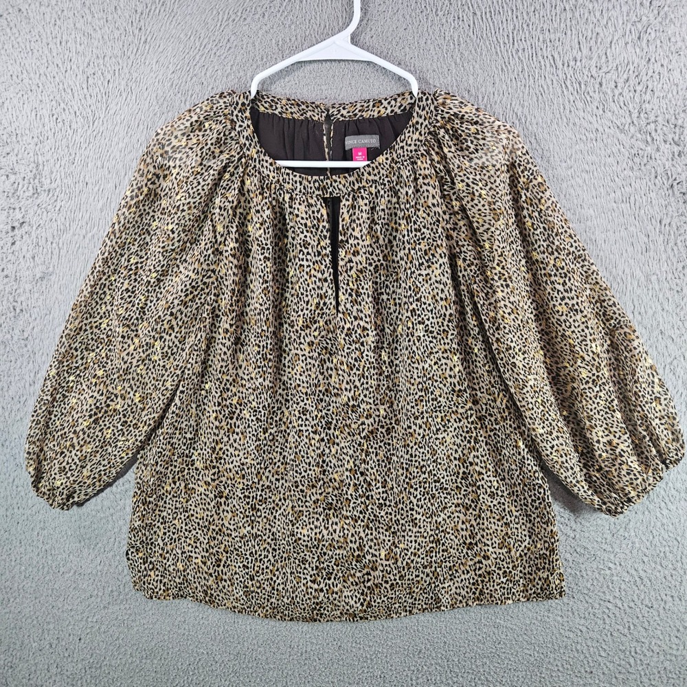 Vince Camuto Women Leopard Gold Metallic‎ Keyhole Balloon Sleeve Blouse Medium